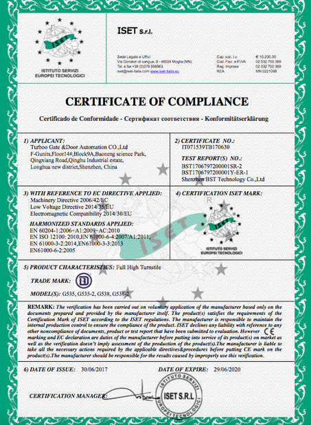 Porcellana Turboo Automation Co., Ltd Certificazioni